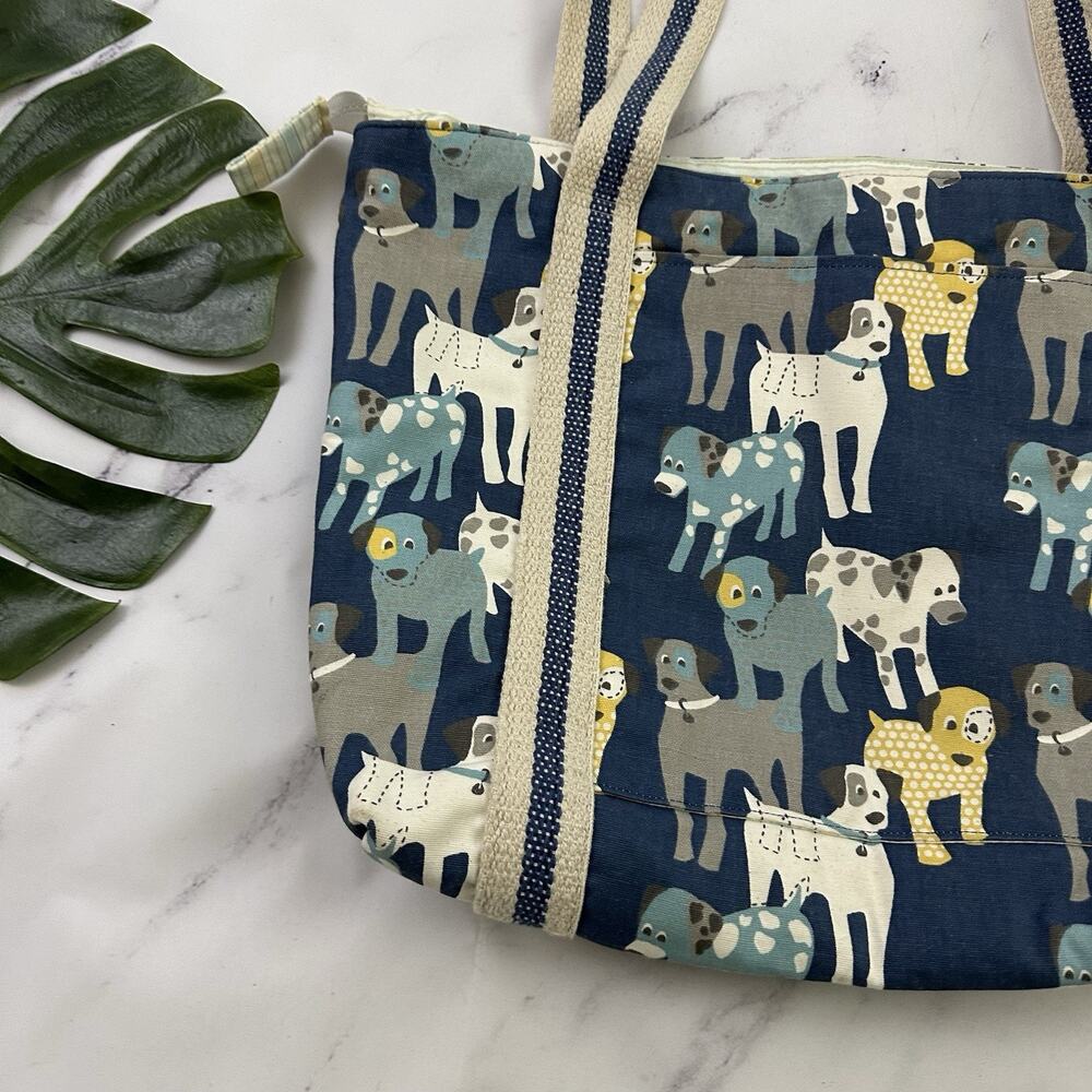 Turquoise Mountain Dog Print Canvas Tote Bag Blue White Handmade Zipper Top - Picture 4 of 11